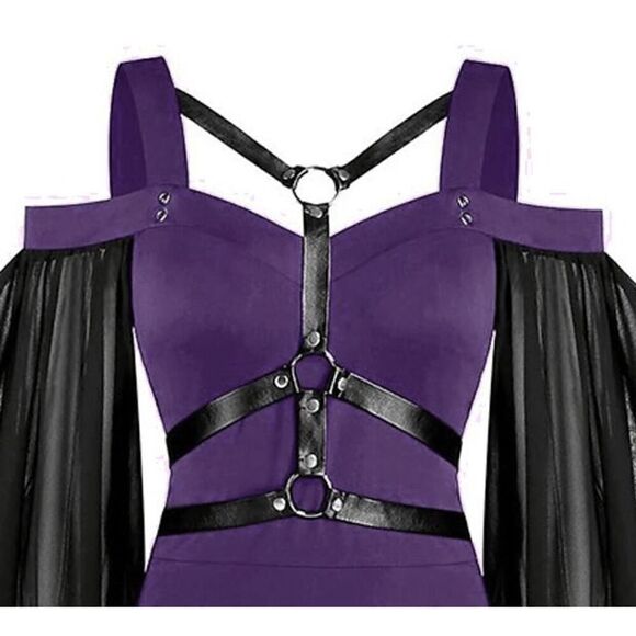 💜 Goth Harness Cold Shoulder Butterfly Sleeves Cosplay Purple Dress SIZE 6 NWT - Picture 7 of 16